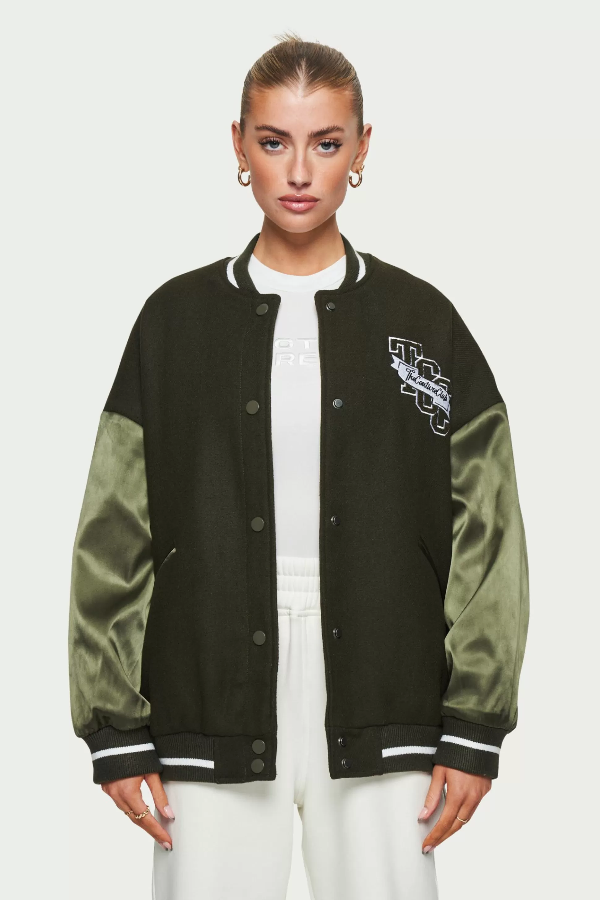 The Couture Club Satin Sleeve Oversized Varsity Jacket