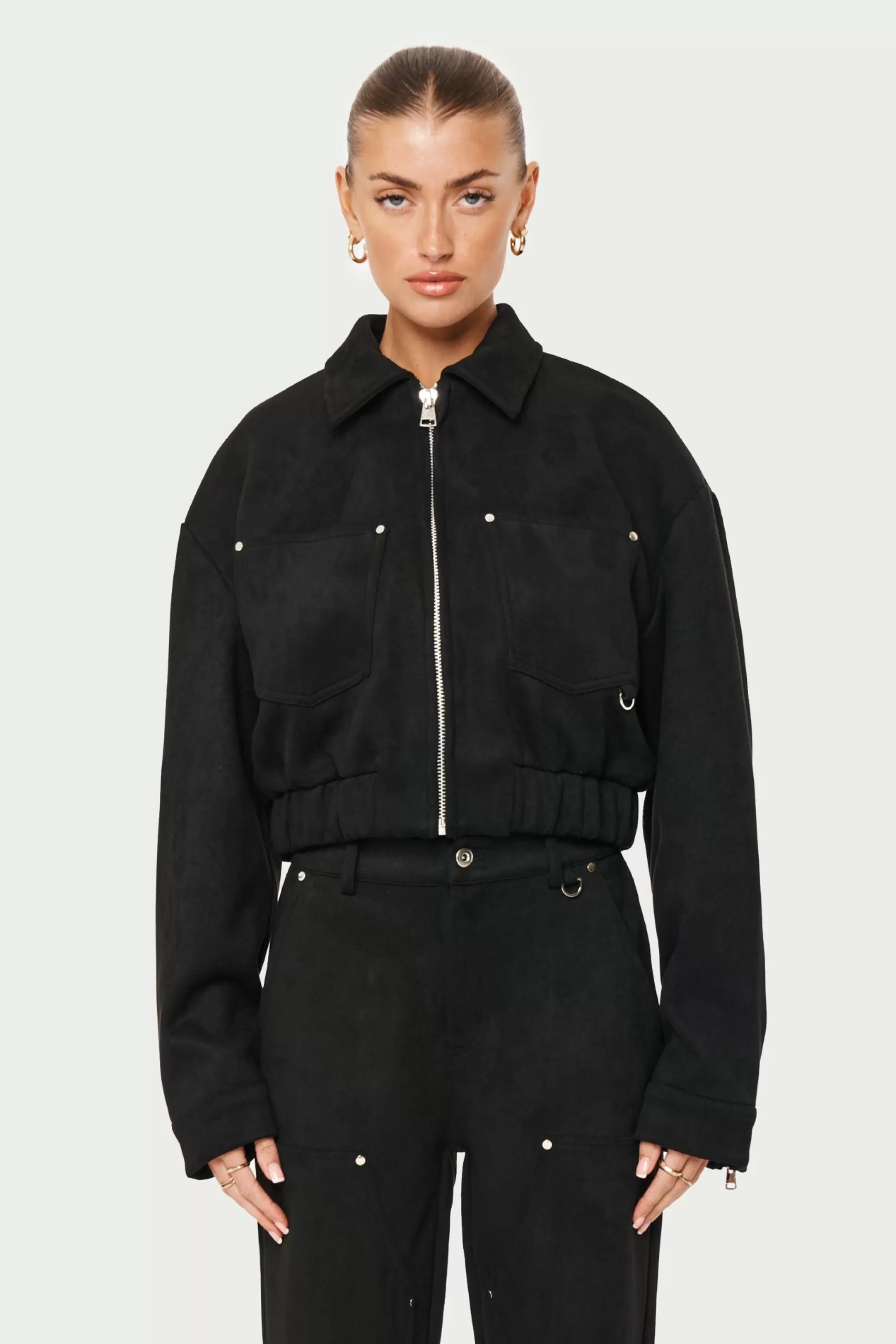 The Couture Club Suede Cropped Carpenter Bomber Jacket