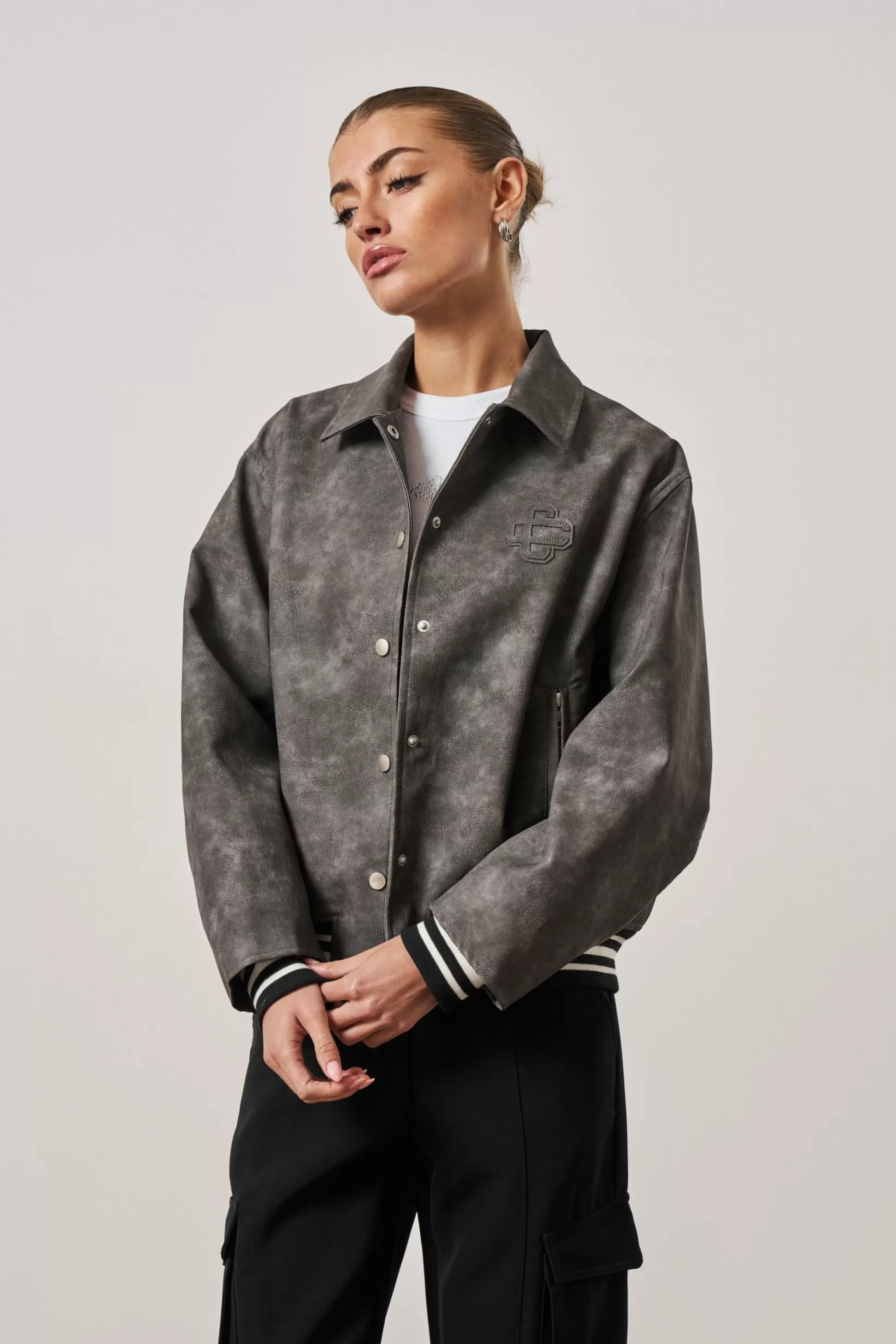 The Couture Club Vintage Look Oversized Faux Leather Bomber
