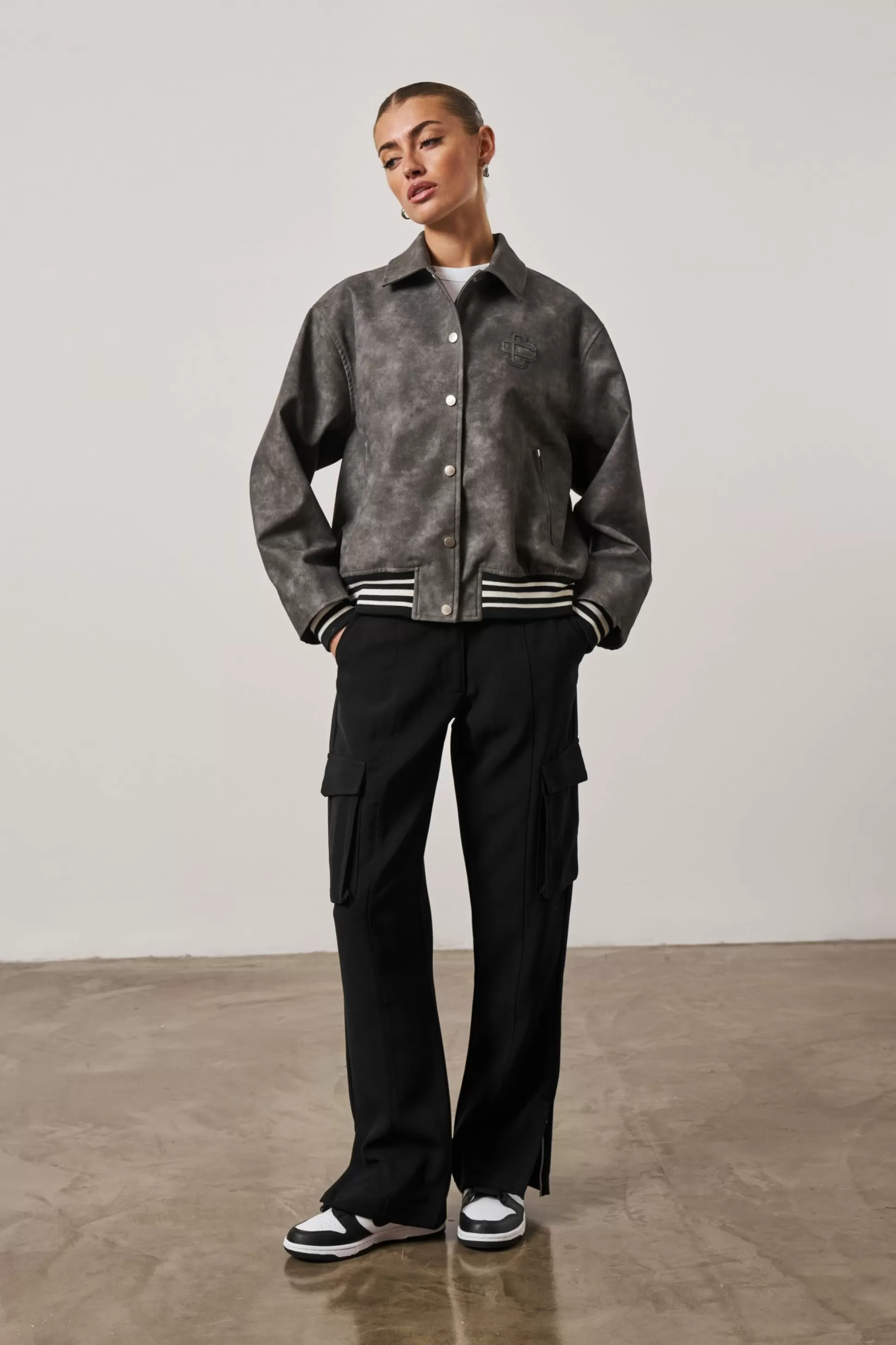 The Couture Club Vintage Look Oversized Faux Leather Bomber