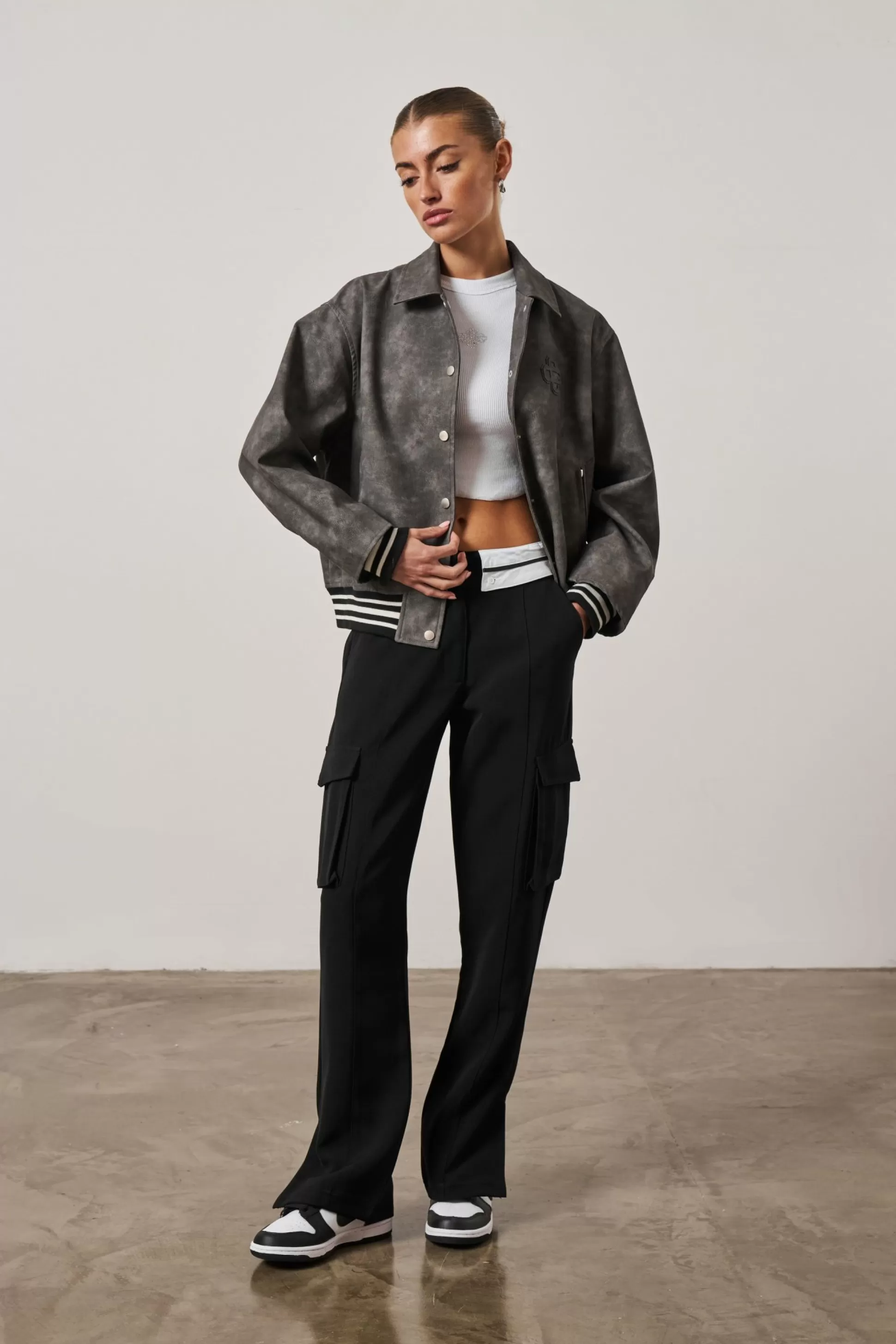 The Couture Club Vintage Look Oversized Faux Leather Bomber