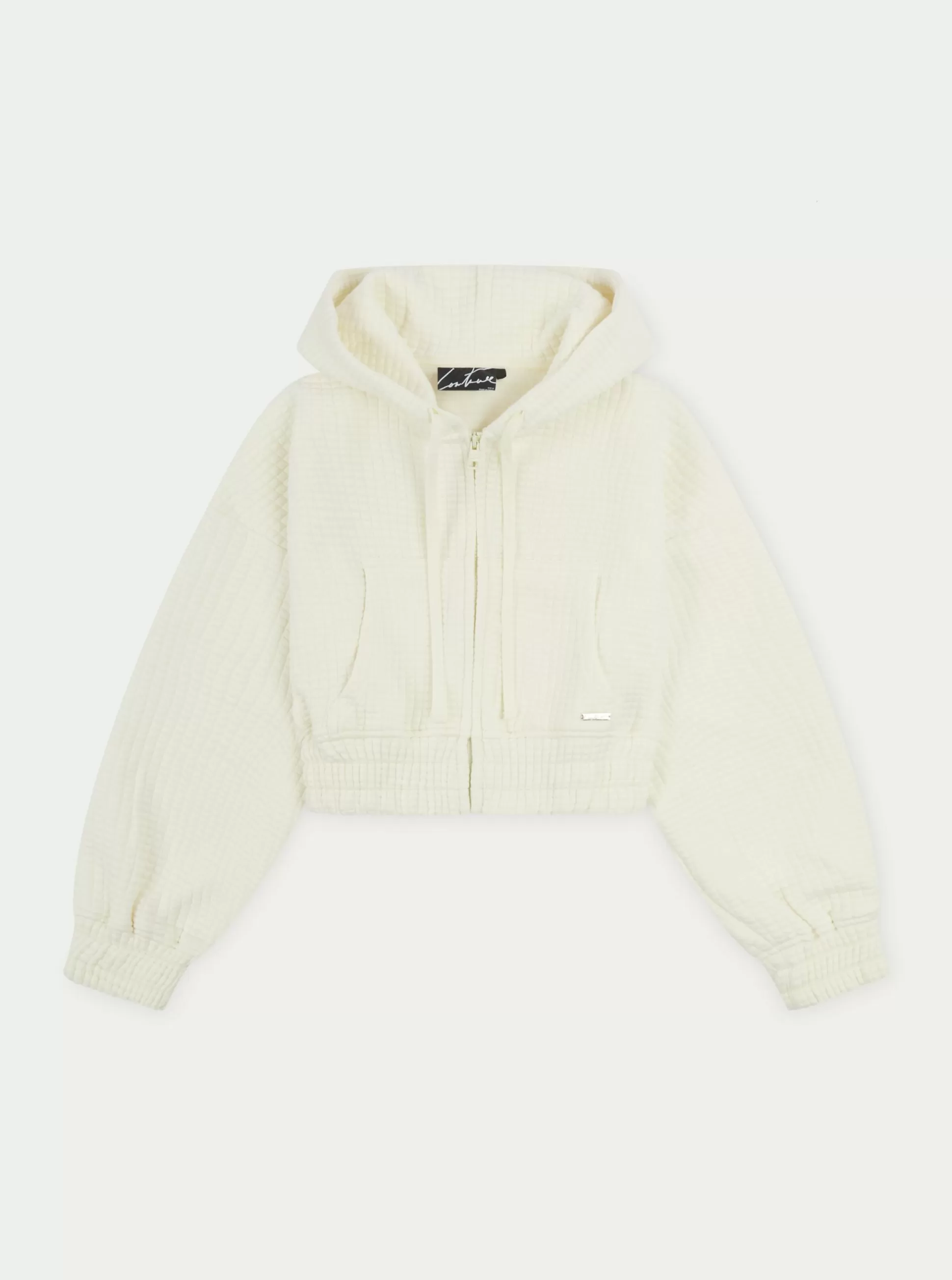 The Couture Club Waffle Cropped Zip Through Cropped Hoodie