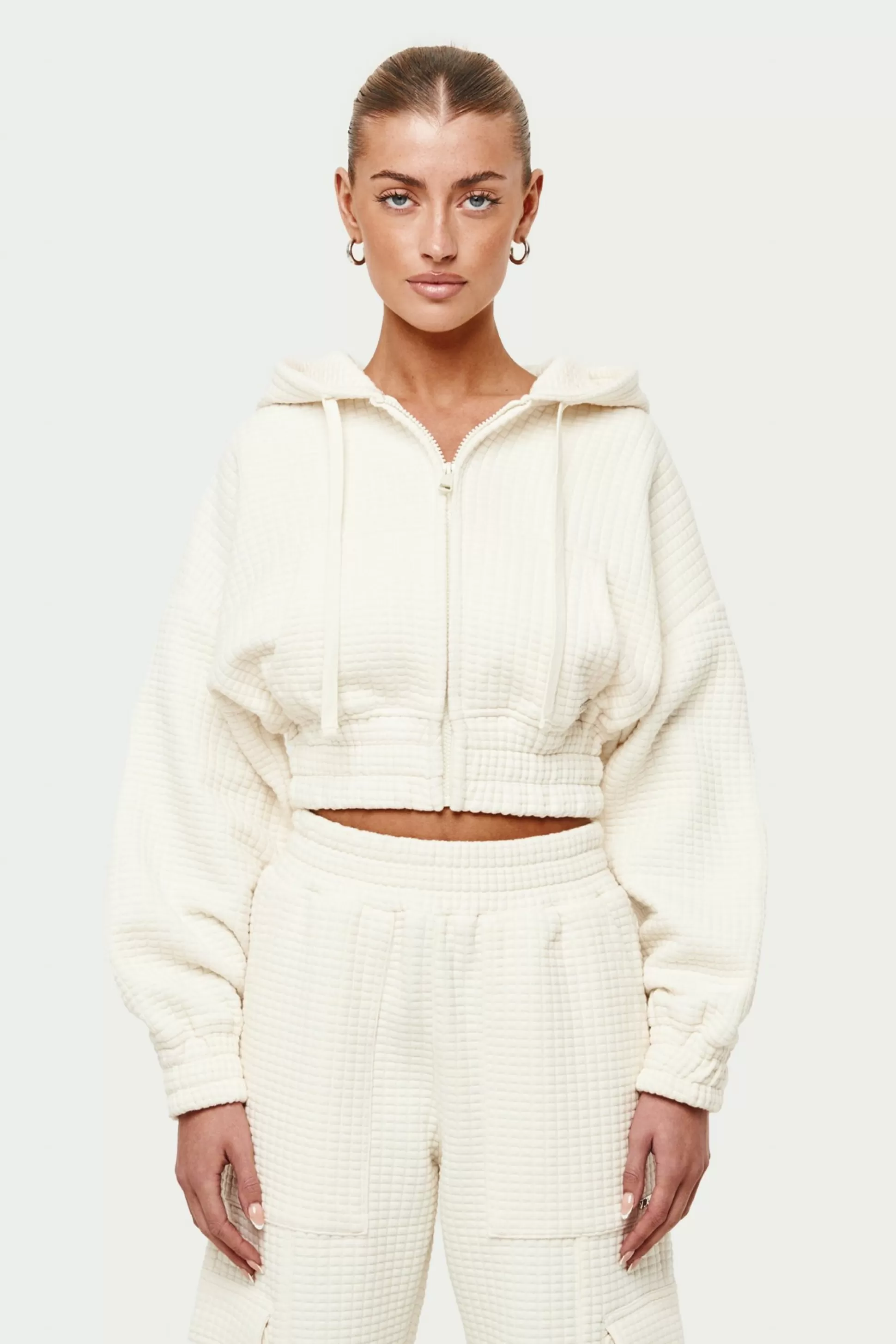 The Couture Club Waffle Cropped Zip Through Cropped Hoodie