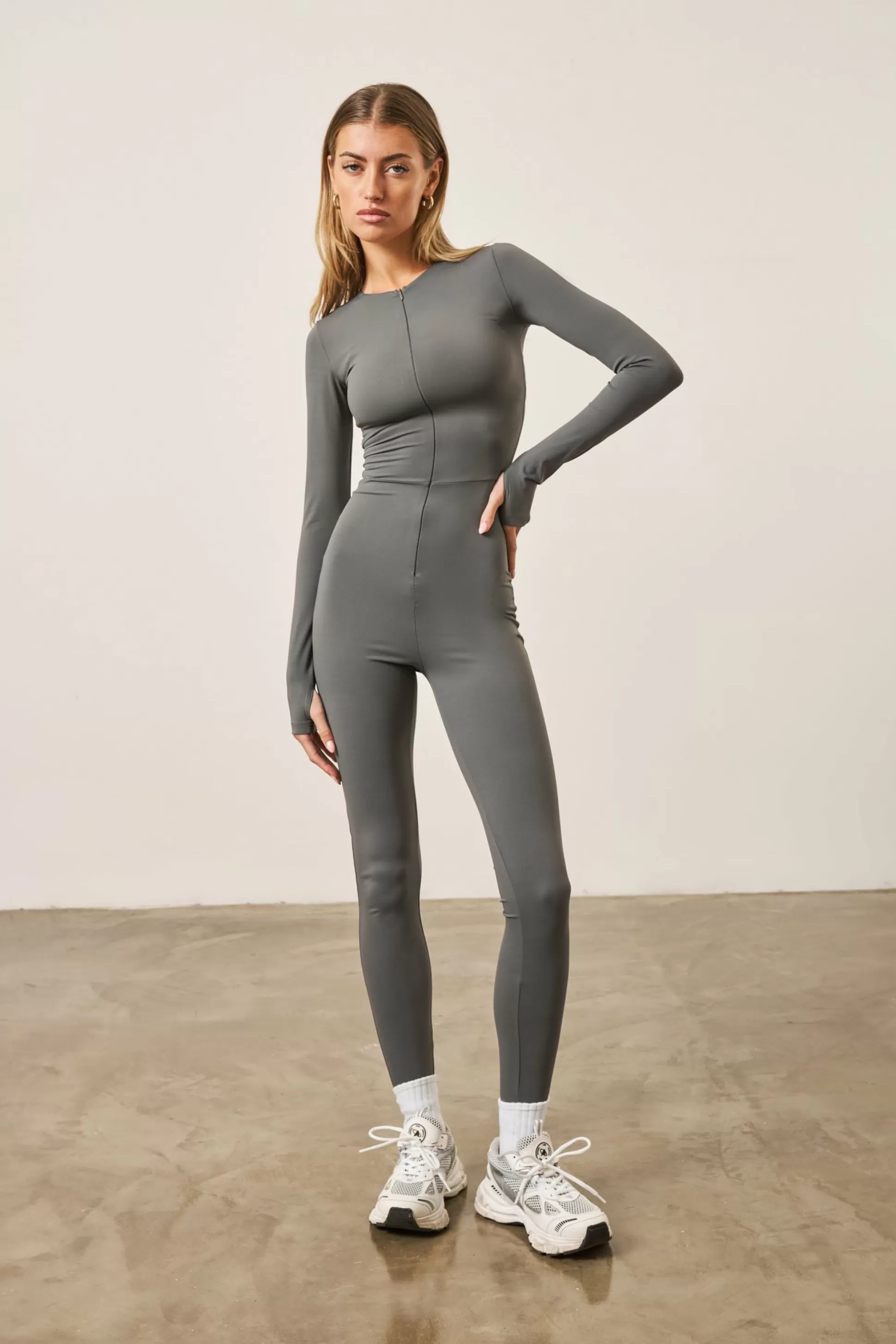 The Couture Club Zip Front Jumpsuit- Charcoal